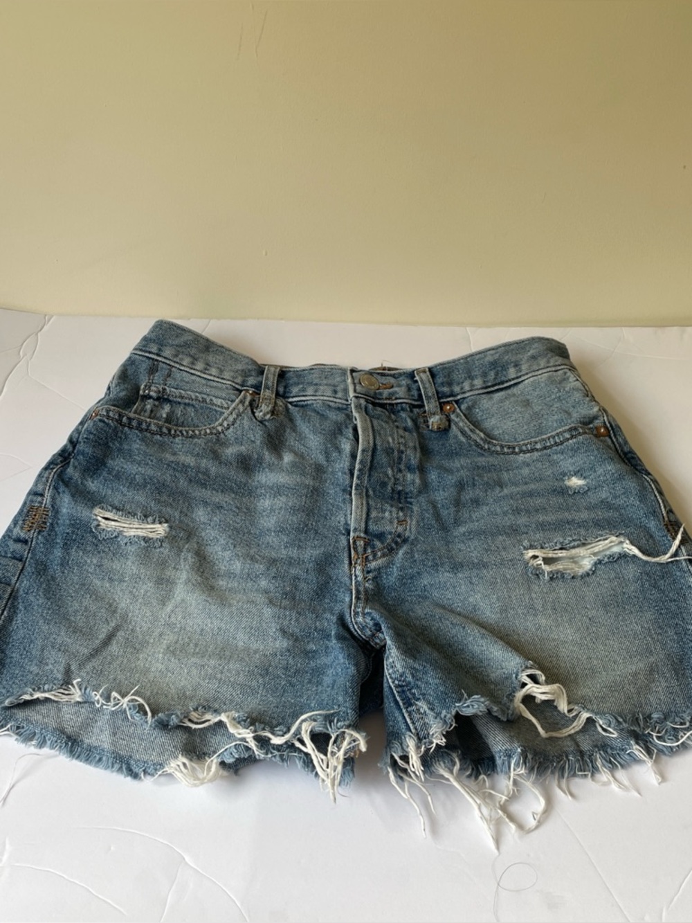 We The Free Blue Distressed Thrashed Jean Shorts raw hem fringe festival cowgirl
